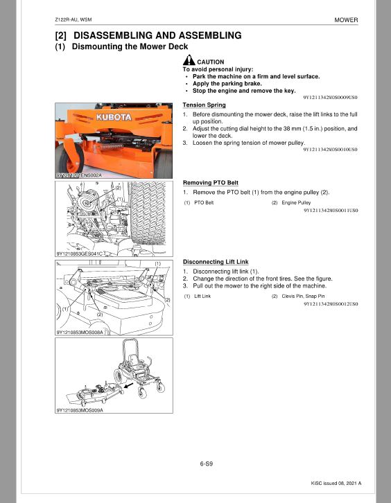 Kubota Z122R AU Zero Turn Mower Workshop Repair Manual