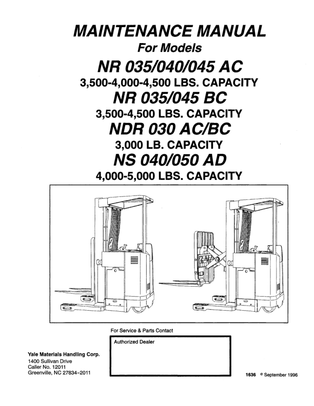 Yale NDR030AC NDR030BC NS040AD NR045BC Forklift A815 Service Repair