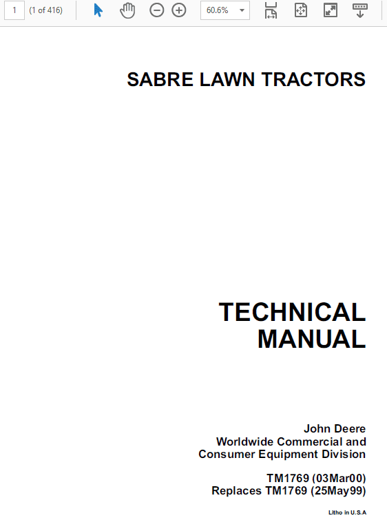 John Deere Sabre Lawn Tractors 1438 1542 1642 1646 Service Manual