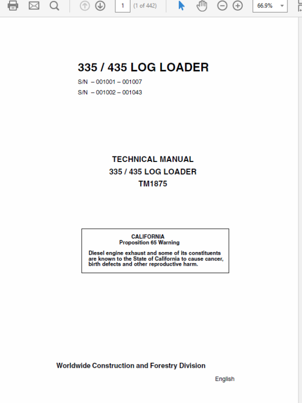 John Deere 335, 435 Log Loader Service Manual TM-1875