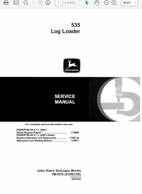 John Deere 535 Log Loader Service Manual TM-1876