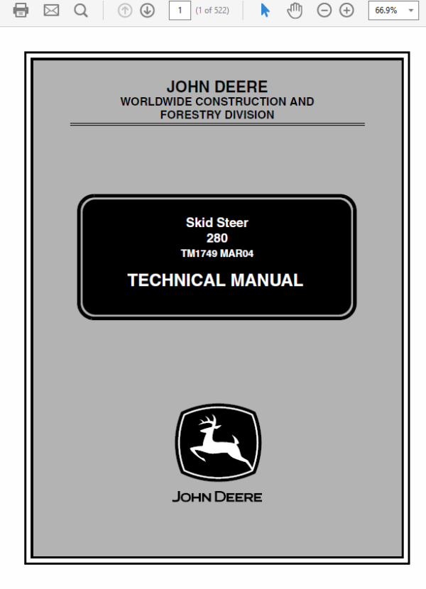 John Deere 280 Skid-Steer Loader Service Manual TM-1749