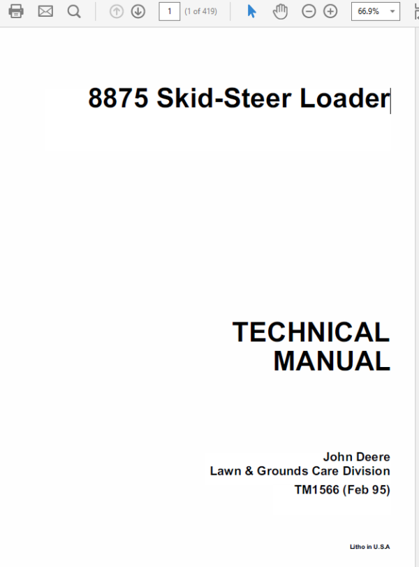 John Deere 8875 Skid-Steer Loader Service Manual TM-1566