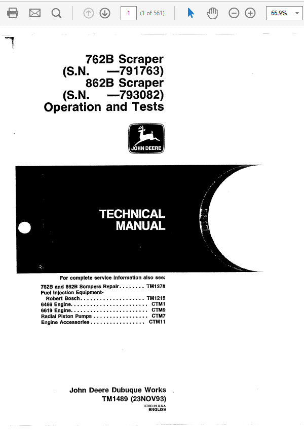 John Deere 762B, 862B Scraper Repair Service Manual TM1489 & TM1490