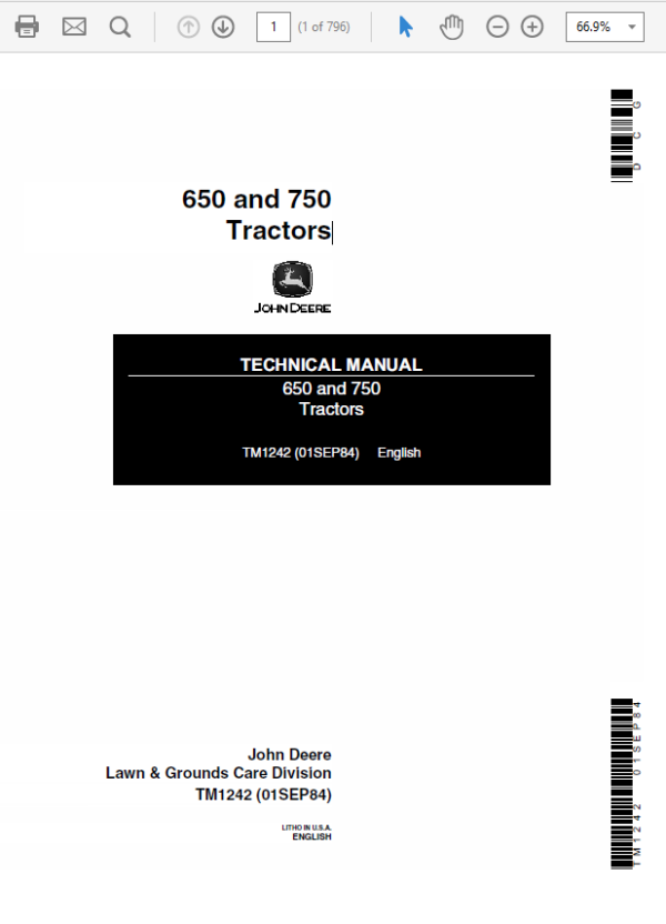 John Deere 650 and 750 Tractors Technical Repair Service Manual TM1242 for sale online