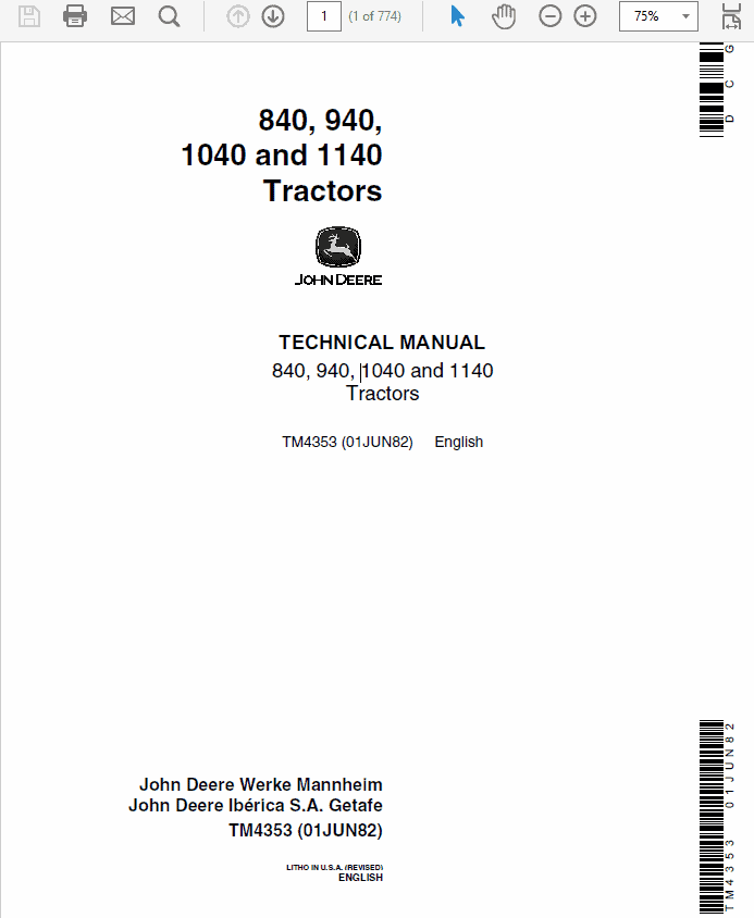 John Deere 840, 940, 1040, 1140 Tractors Service Manual TM-4353