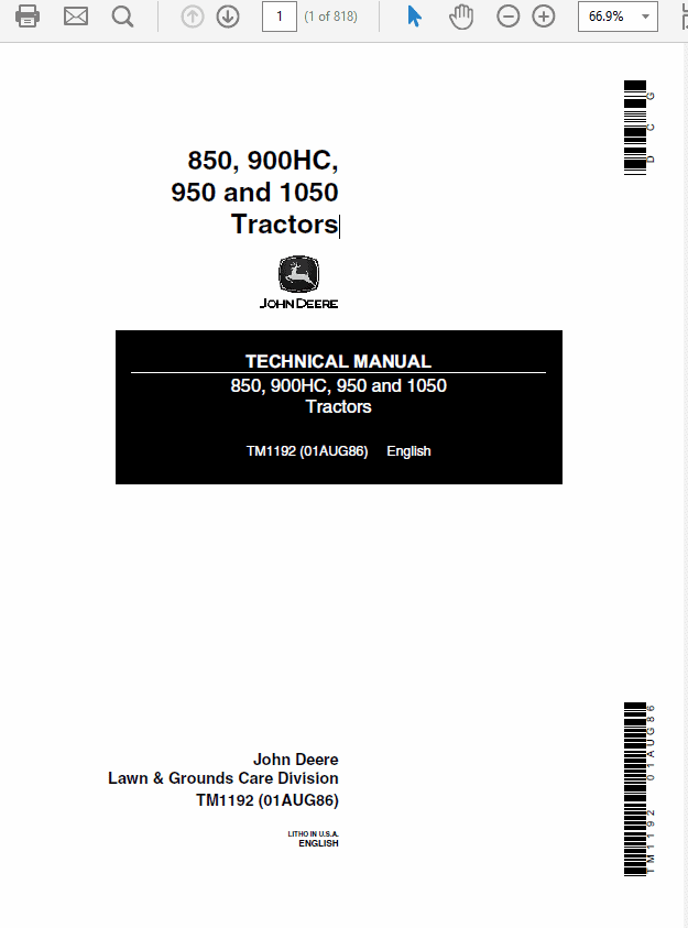 John Deere 850, 900HC, 950 and 1050 Tractors Service Manual TM-1192
