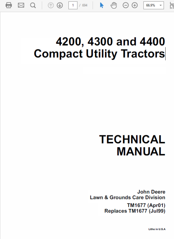 John Deere 4200, 4300, 4400 Compact Utility Tractors Service Manual