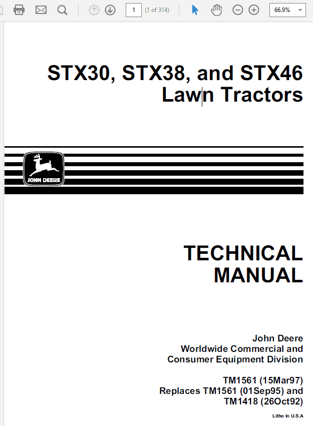 John Deere STX30, STX38, STX46 Lawn Tractors Service Manual