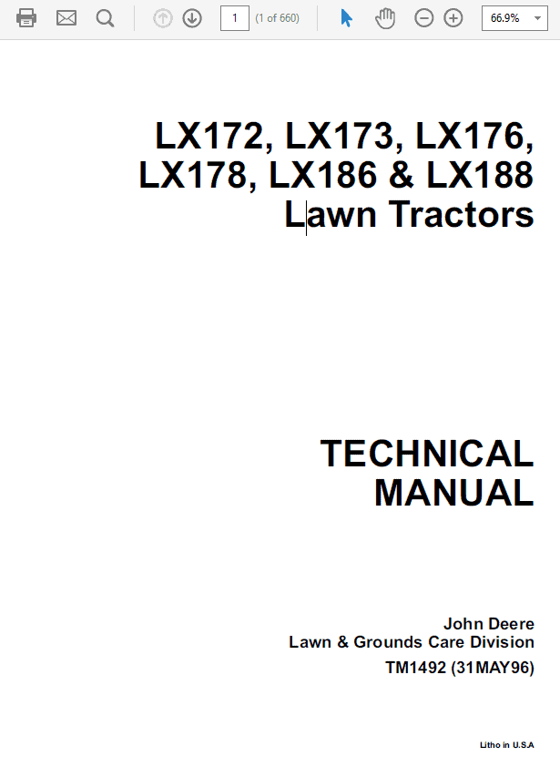 John Deere LX172, LX173, LX176, LX178, LX186, LX188 Lawn Tractor Service Manual