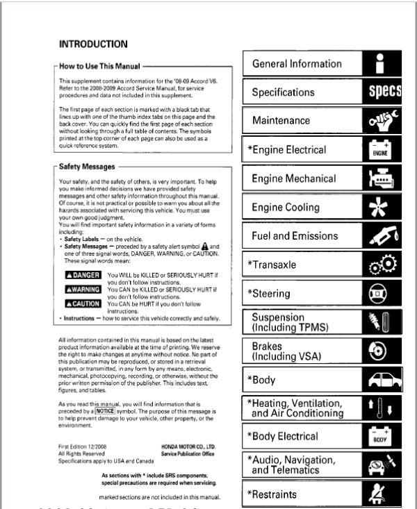 HONDA ACCORD 2008 2009 2010 2011 2012 Factory Repair Service Workshop Manual
