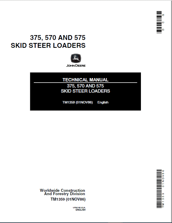 John Deere 570, 575, 375 Skid-Steer Loader Service Manual TM1359