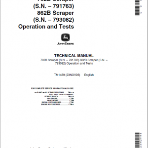 John Deere 762B, 862B Scraper Service Manual TM1489 & TM1490