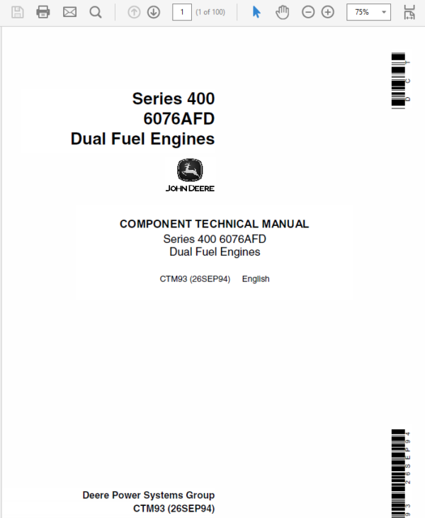 John Deere 400 Series 6076AFD Dual Fuel Engines Service Manual CTM93