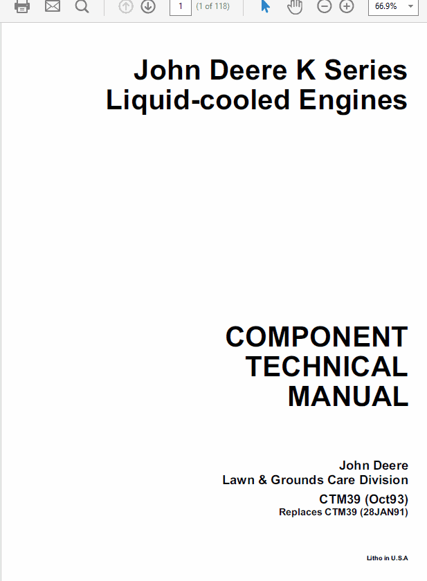 John Deere K Series Air Cooled & Liquid Cooled Engines Manual CTM5, CTM39