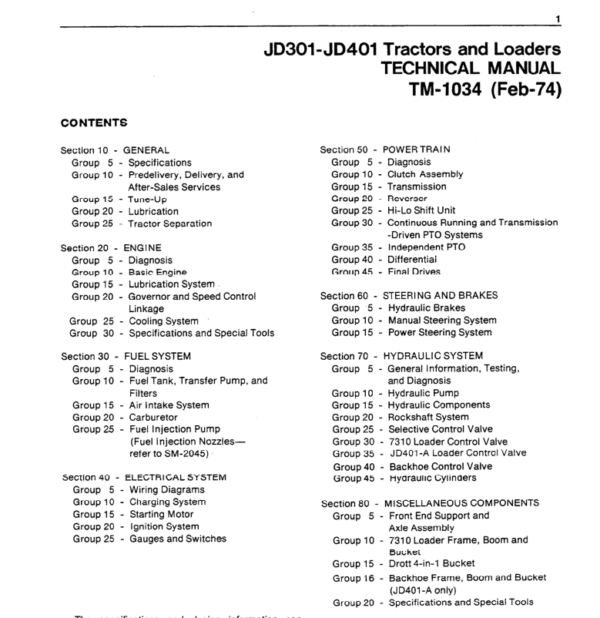 John Deere 301- 401 Tractors and Loaders Service Manual TM-1034