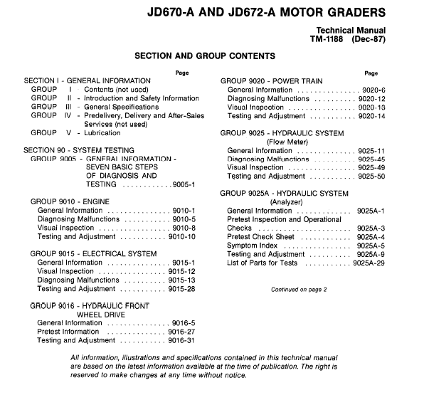 John Deere 670A, 672A Motor Grader Service Manual TM-1188