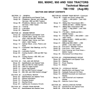 John Deere 850, 900HC, 950 and 1050 Tractors Service Manual TM-1192