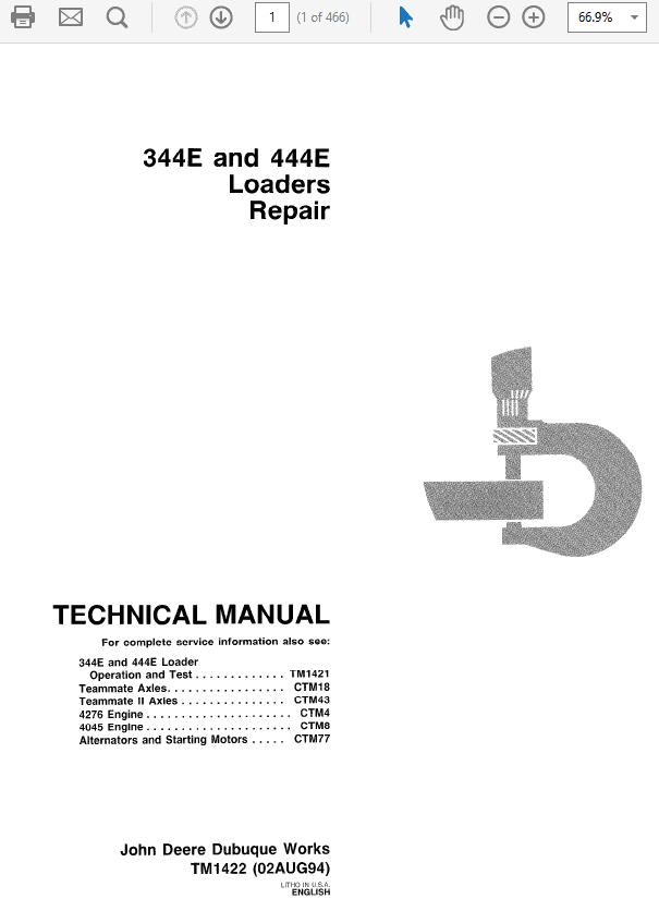 John Deere 344E, 444E Loader Service Manual TM-1421 & TM-1422