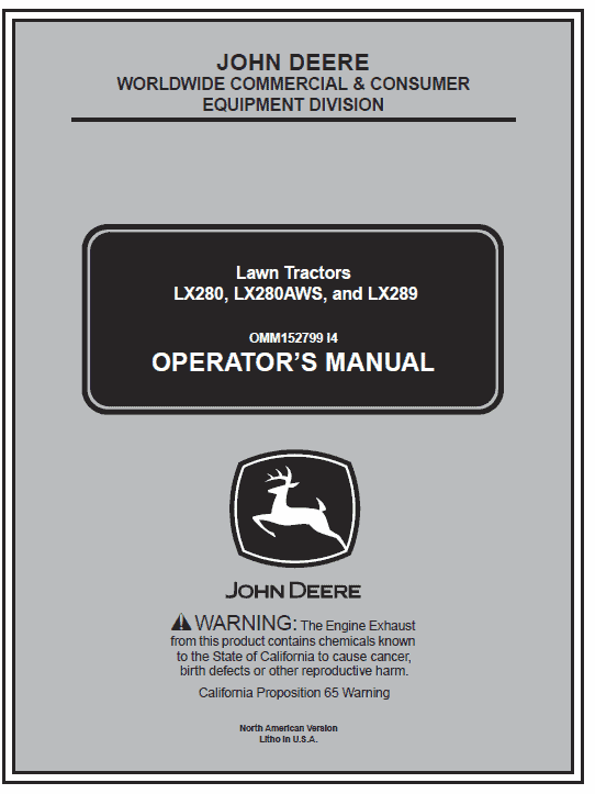 John Deere LX280, LX280AWS and LX289 Garden Tractors Service Manual TM-2046