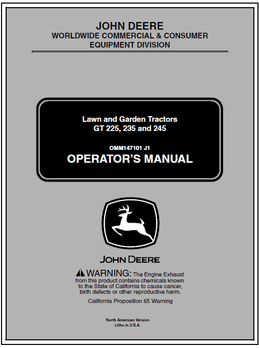 John Deere GT225 GT235 GT235E & GT245 Technical Manual TM1756 On CD 