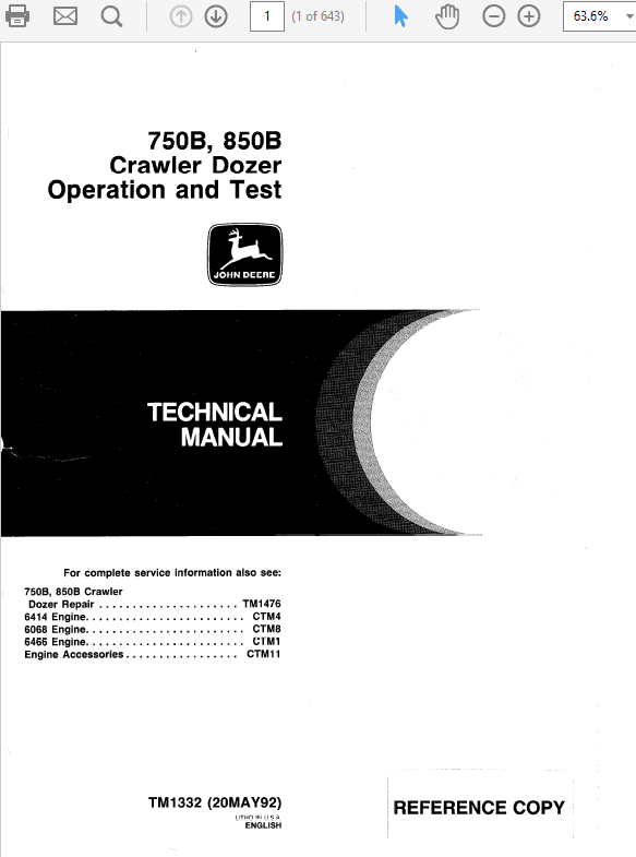 John Deere 750B, 850B Crawler Bulldozer Service Manual TM-1476