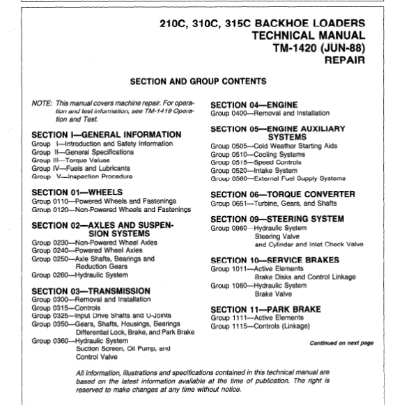 John Deere 210C, 310C, 315C Backhoe Loader Service Manual