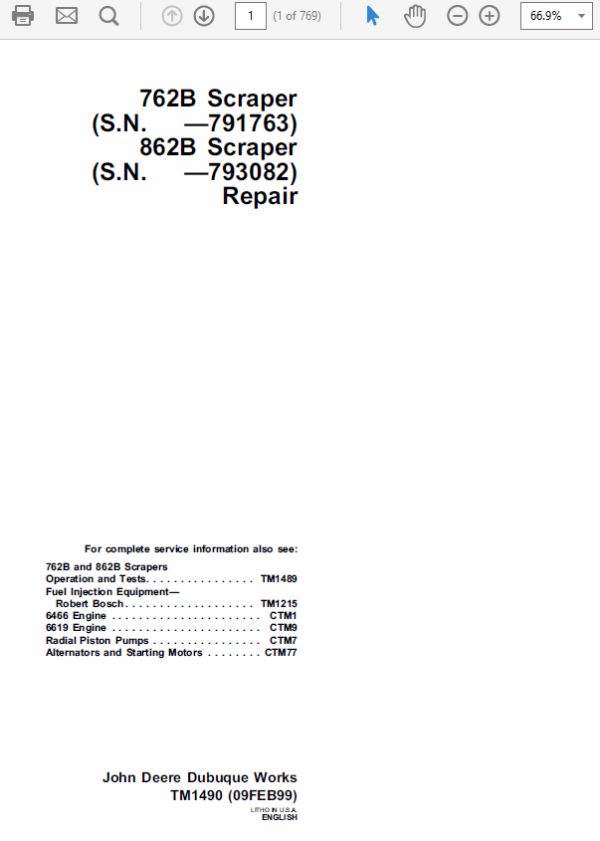 John Deere 762B, 862B Scraper Service Manual TM-1489 & TM-1490