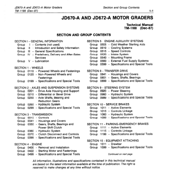 John Deere 670A, 672A Motor Grader Service Manual TM-1188