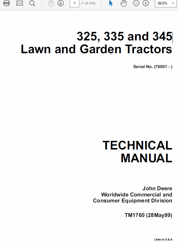 John Deere 325, 335 and 345 Lawn and Garden Tractors Service Manual TM-1760