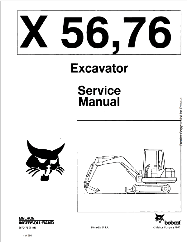 Bobcat X56 and X76 Excavator Service Manual