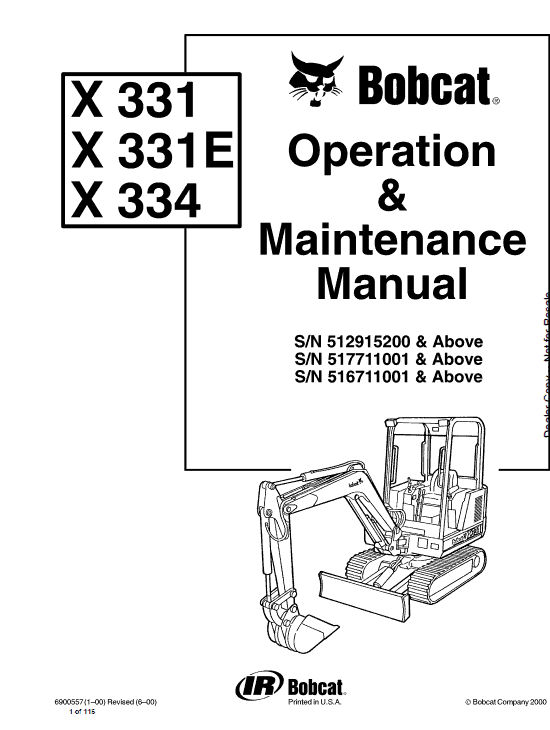 Bobcat X331, X331E and X334 Excavator Service Manual