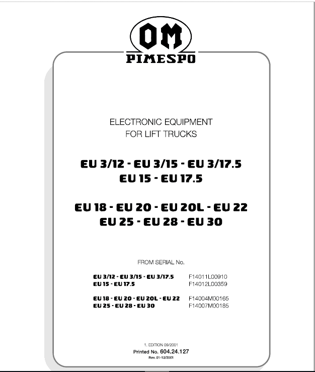 OM Pimespo EU3/12, EU3/15 and EU3/17.5 Forklift Workshop Manual