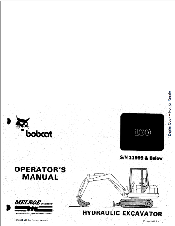 Bobcat X100 Excavator Service Manual