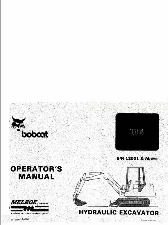 Bobcat 116 Excavator Service Manual