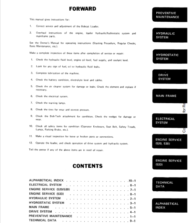 Bobcat 520, 530 and 533 Skid-Steer Loader Service Manual