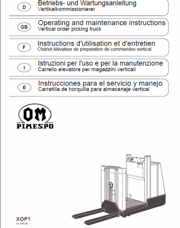 OM Pimespo XOP1 Ordre Picker Workshop Repair Manual
