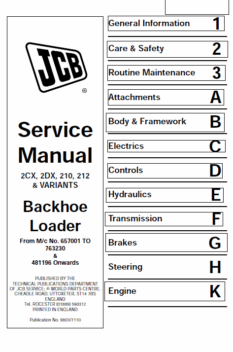 JCB 2CX, 2DX, 210, 212 & VARIANTS Backhoe Loader Service Manual