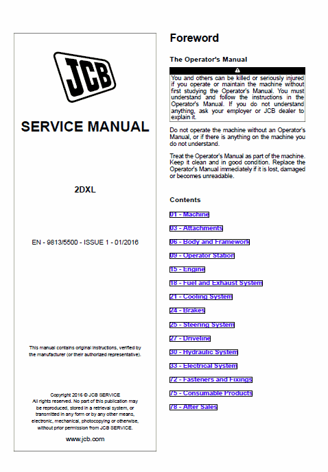 JCB 2DXL Loader Service Manual