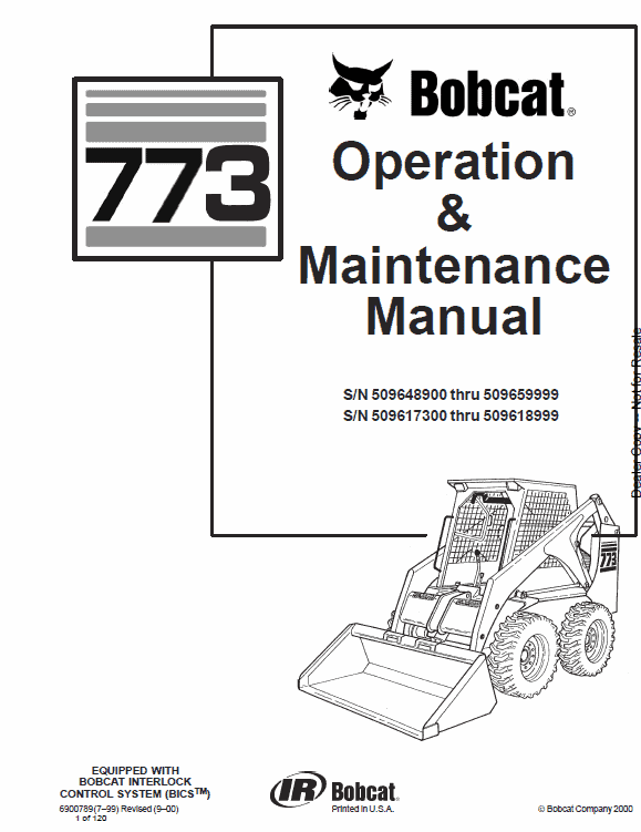 Bobcat 773 Skid Steer Loader Service Manual Part # 6900092 509635001 PAPER COPY