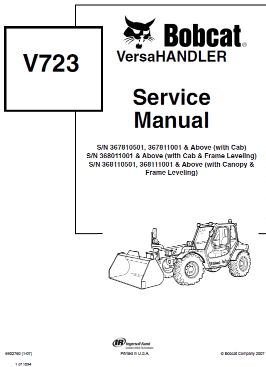 Bobcat V723 VersaHANDLER Telescopic Service Manual