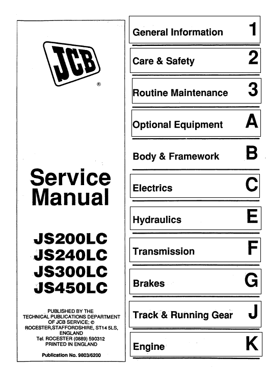 Jcb Js200lc, Js240lc, Js300lc, Js450lc Excavator Service Manual