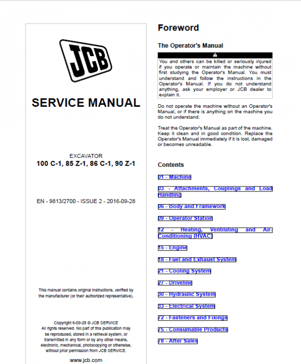 JCB 85Z-1, 86C-1, 90Z-1, 100C-1 Midi Excavator Service Manual
