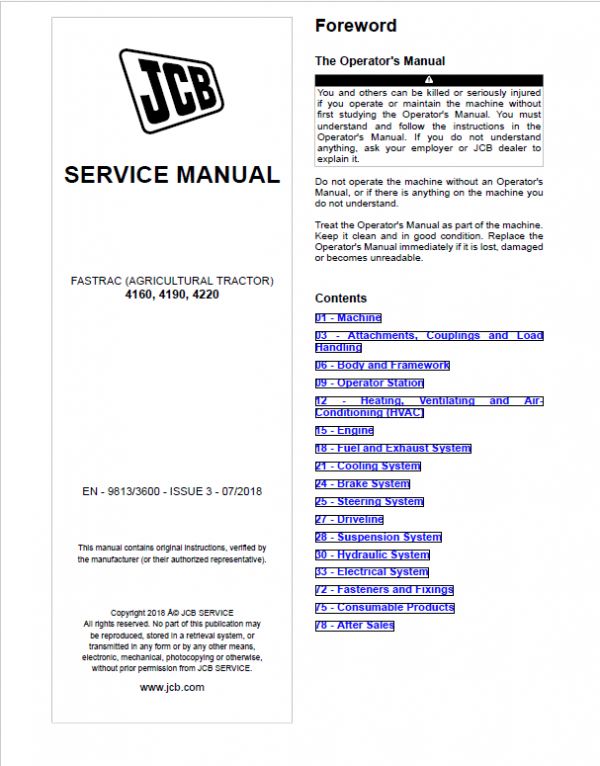 JCB Fastrac 4160, 4190, 4220 Tier 4 Service Manual