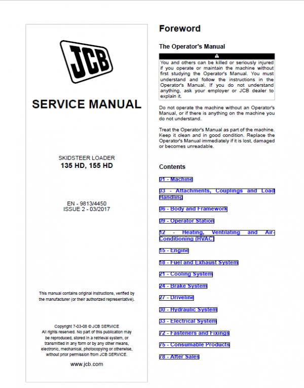 JCB 135 HD, 155 HD Skid Steer Loader Service Manual