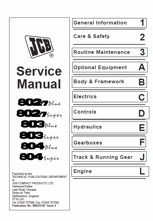 JCB 802-7, 803, 804 Plus & Super Mini Excavator Service Manual