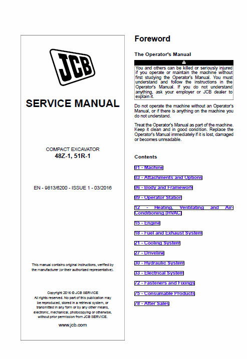 JCB 48Z-1, 51R-1 Mini Digger Excavator Service Manual