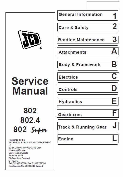 JCB 802, 802.4, 802 Super Mini Excavator Manual