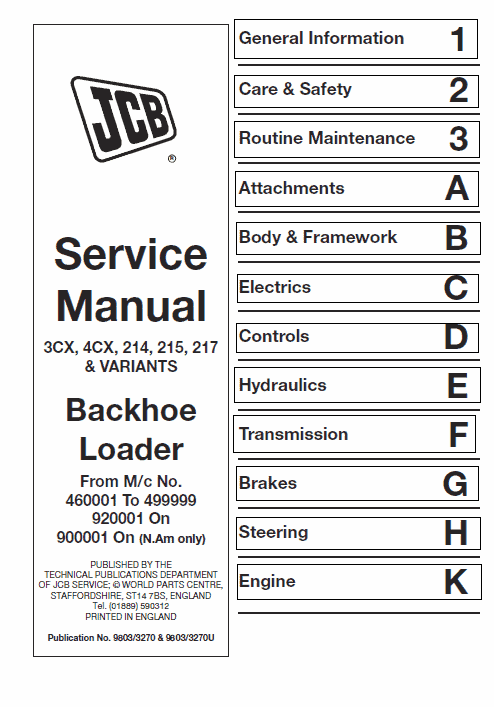 JCB 3CX, 4CX, 214, 215, 217 & Variants Backhoe Loader Service Manual