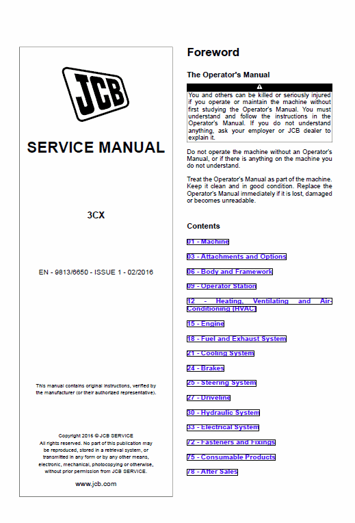 JCB 3CX Tier 2, Tier 3 Backhoe Loader Service Manual